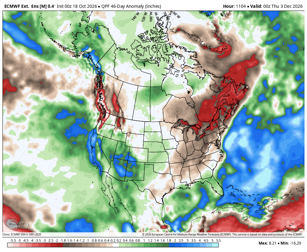 ECMWF extended ensemble 46 day precipitation anomaly through December 3, wetter than normal across California, the Sierra and the Southwest