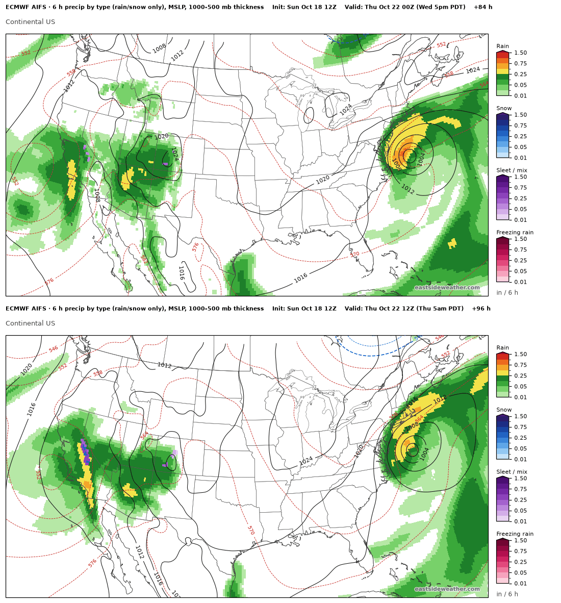 Operational ECMWF AIFS 6 hour precipitation by type over the continental US ending Wednesday evening, October 21, mostly rain across California and Nevada, and ending Thursday morning, October 22, with snow and a mix along the Sierra crest