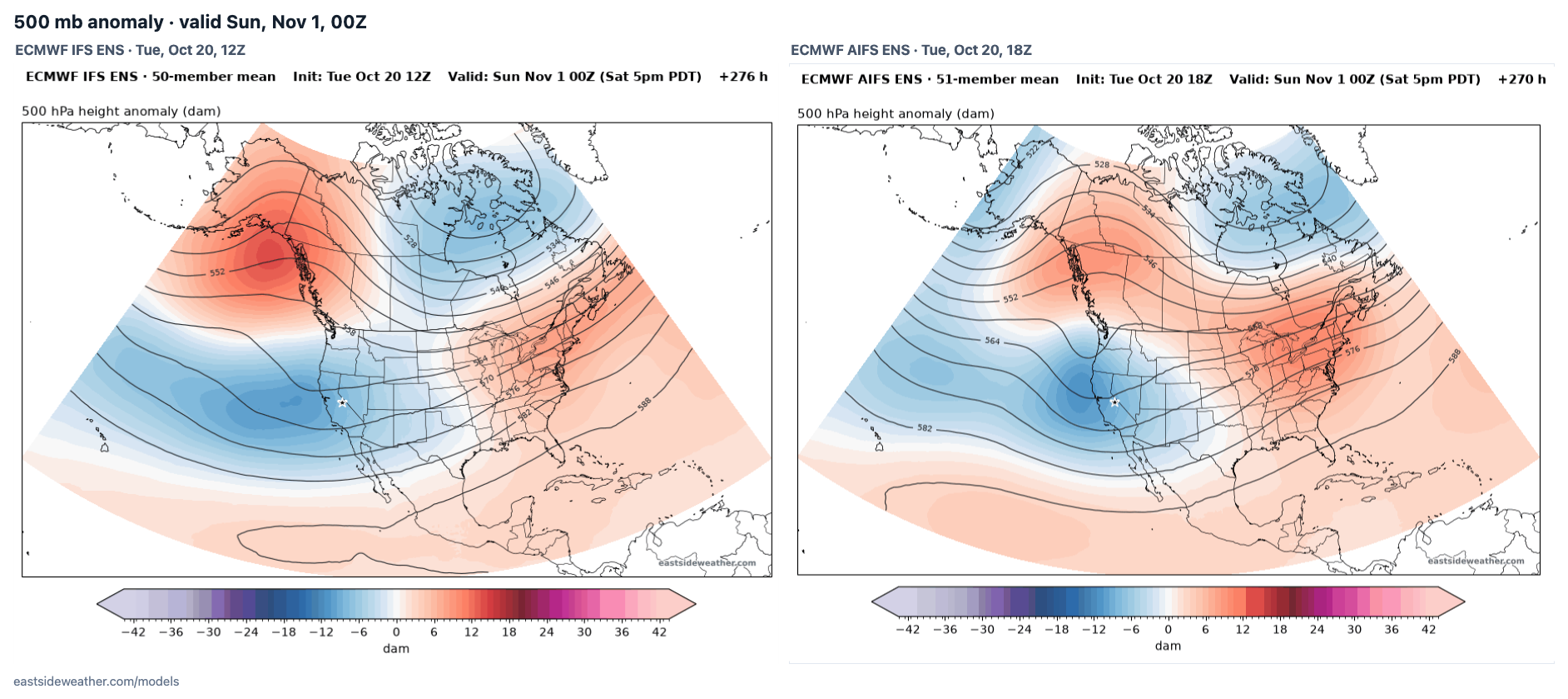 500 mb anomaly valid Halloween evening, ECMWF IFS ENS and AIFS ENS
