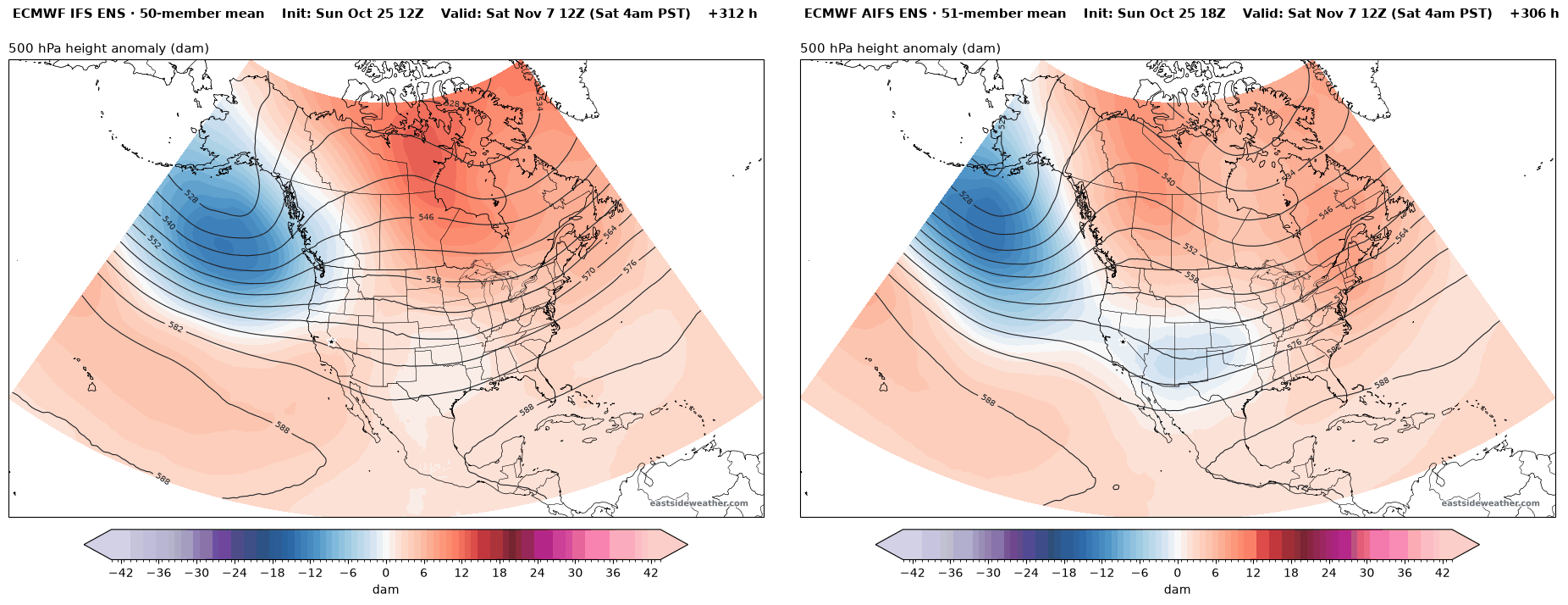 500 mb anomaly valid Saturday, November 7, ECMWF IFS ENS and AIFS ENS