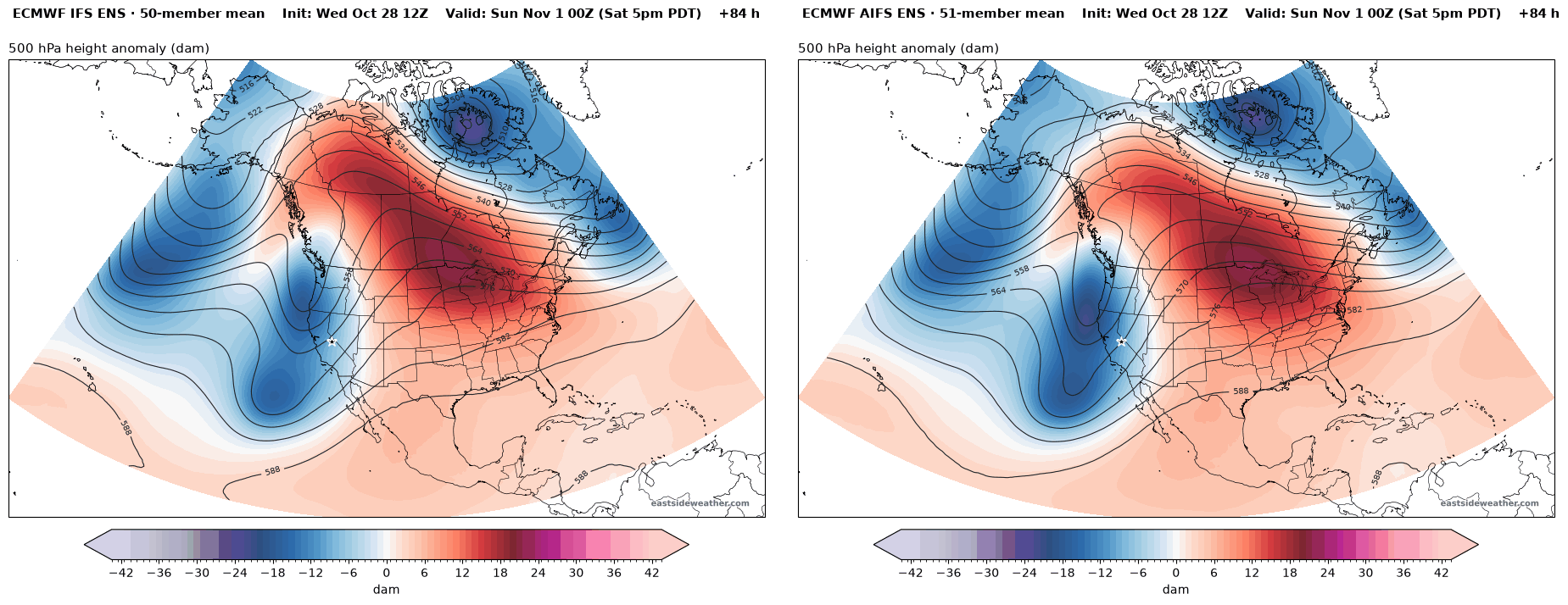 500 mb anomaly valid Saturday 5 PM, ECMWF IFS ENS and AIFS ENS