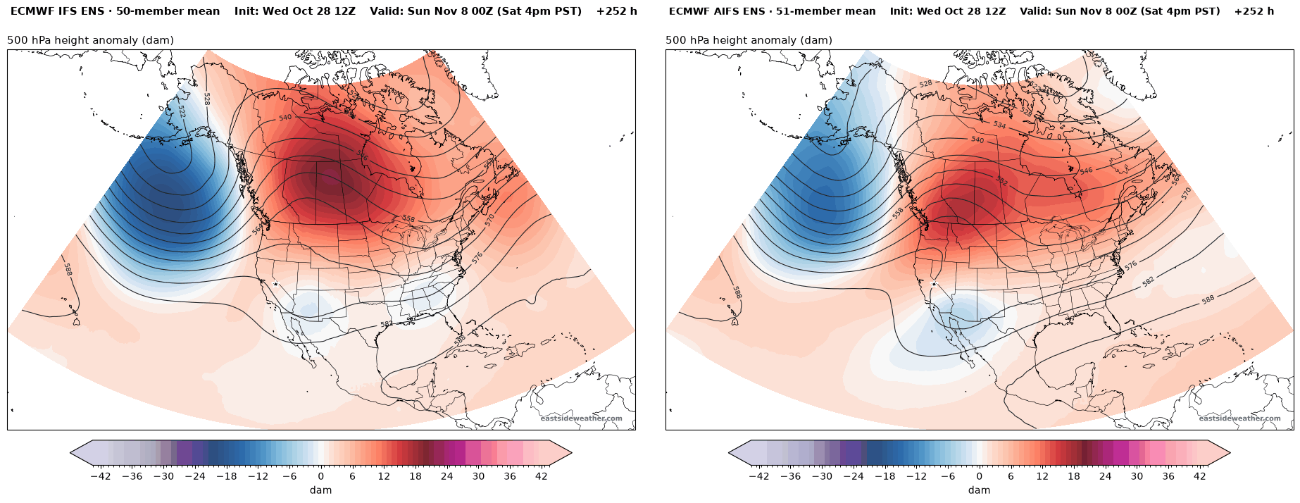 500 mb anomaly valid Saturday, November 7, ECMWF IFS ENS and AIFS ENS