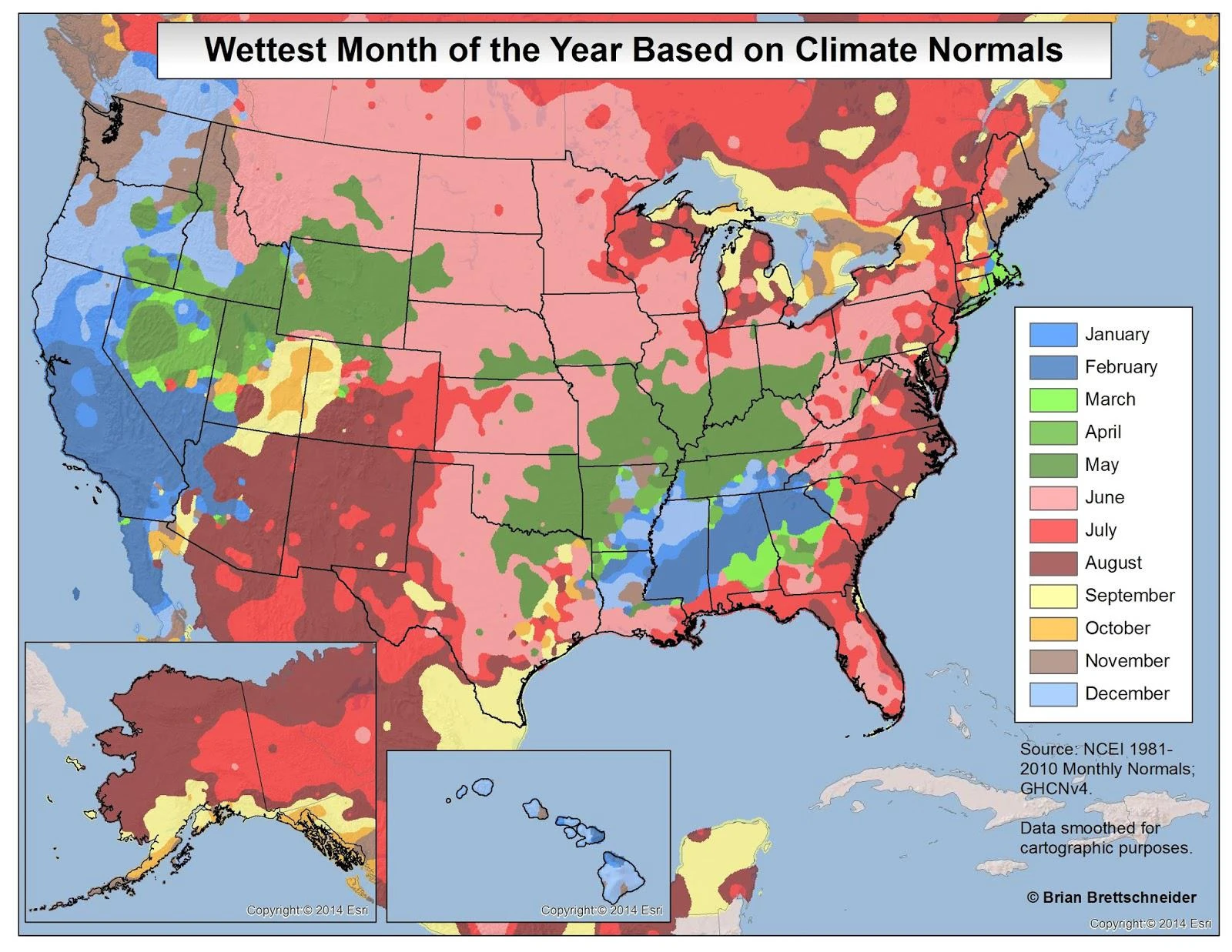 Wettest month of the year based on climate normals