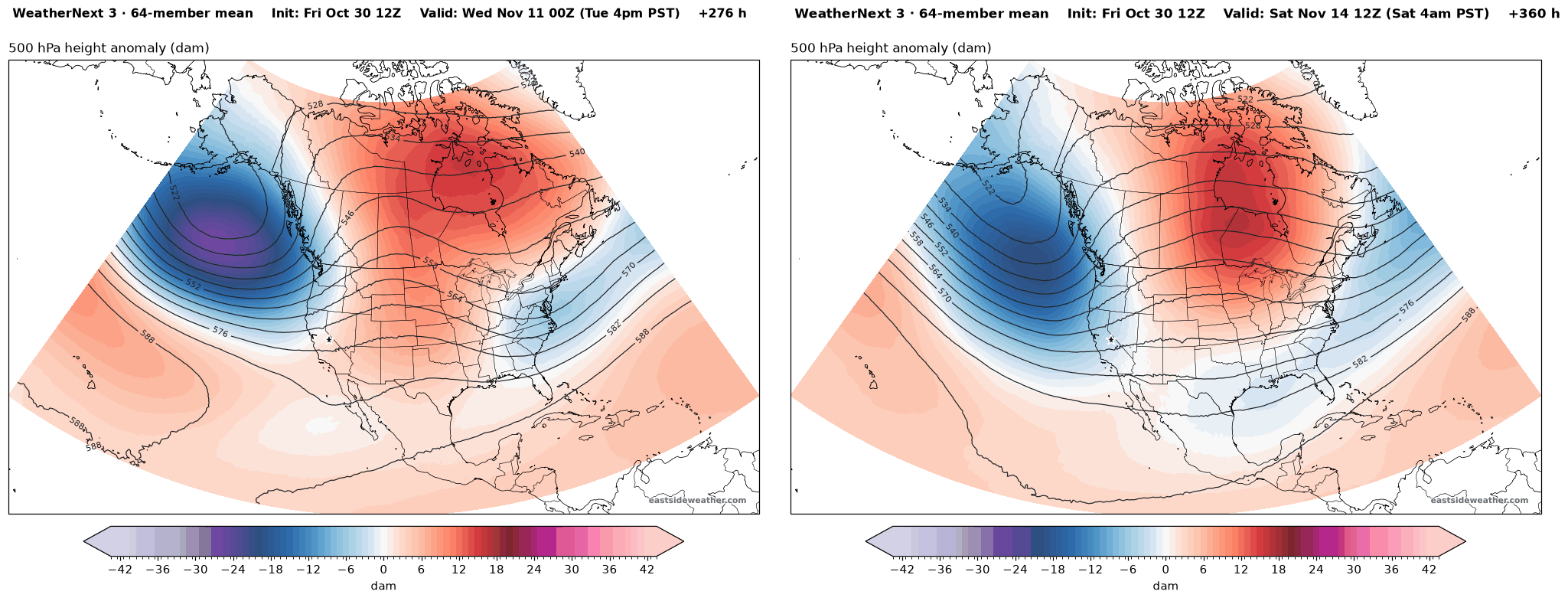 WeatherNext 3 500 mb anomaly valid Tuesday, November 10 and Saturday, November 14