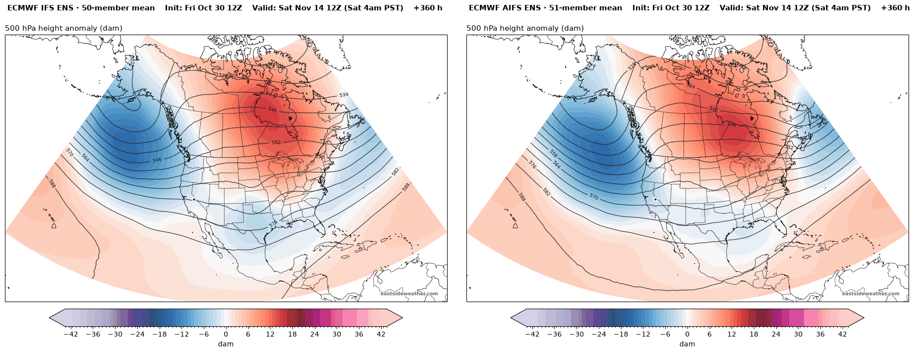 500 mb anomaly valid Saturday, November 14, ECMWF IFS ENS and AIFS ENS