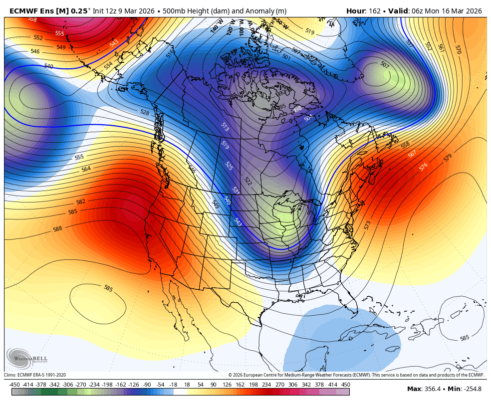 500mb height map showing a large stubborn ridge parked directly over the Eastern Sierra