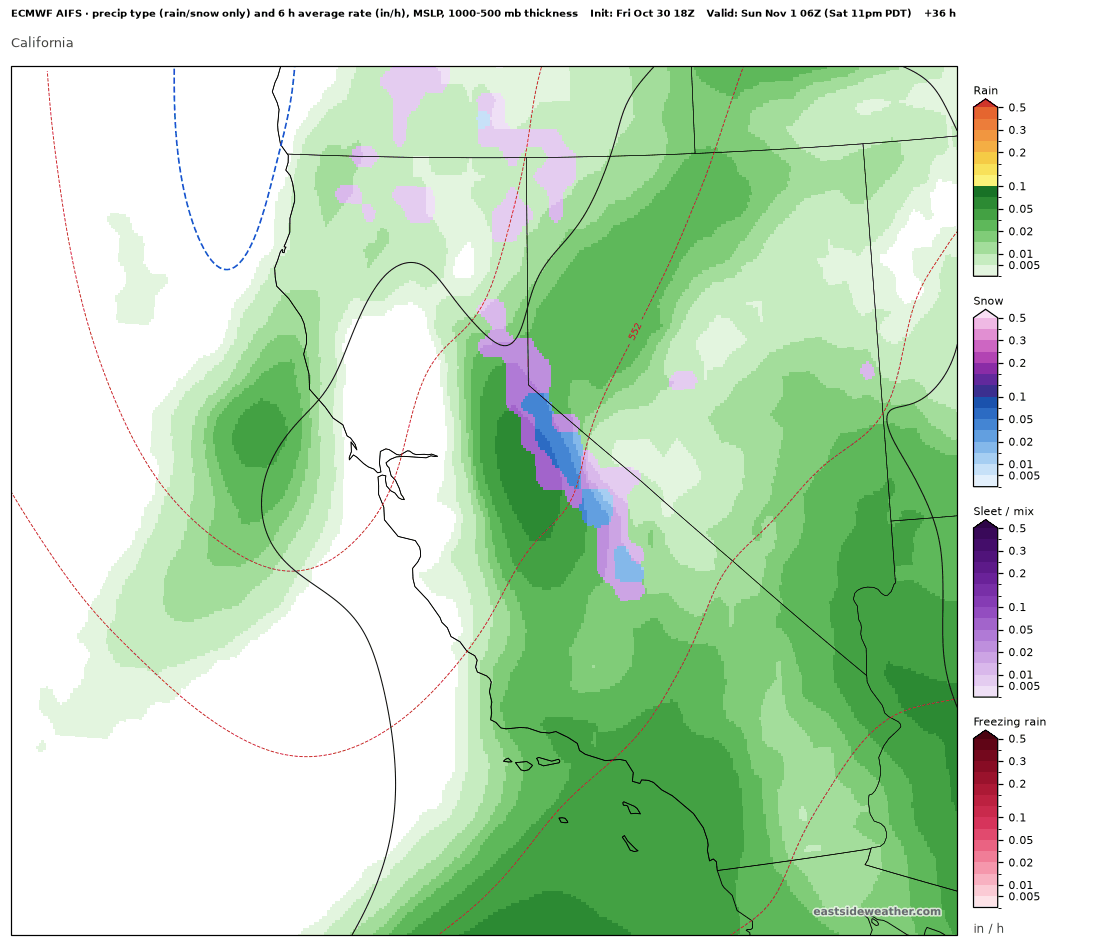 ECMWF AIFS MSLP and precipitation type valid Saturday 11 PM
