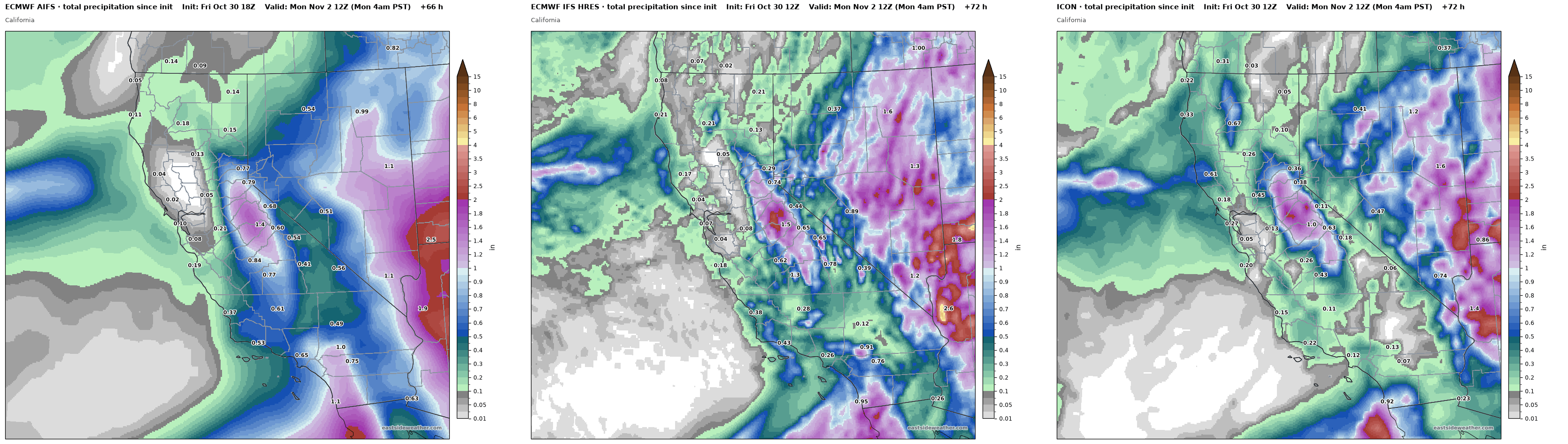 Total precipitation through Monday 4 AM, ECMWF AIFS, ECMWF IFS HRES, and ICON