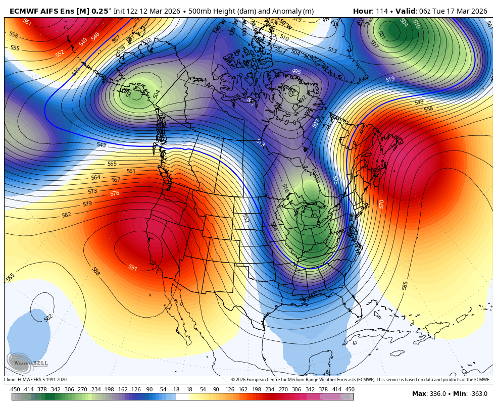 Forecast map showing a massive March heat dome building over the western United States