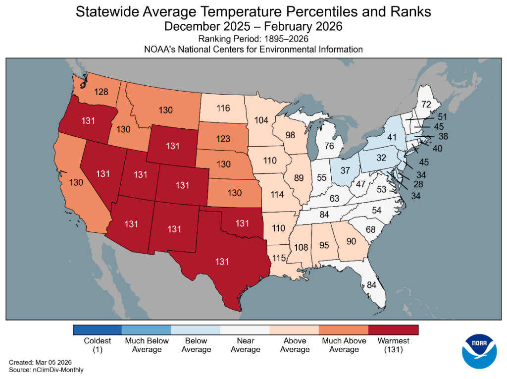 Map showing winter temperature anomalies with the warmest winter on record across the West