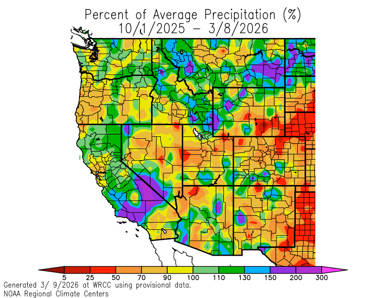 Precipitation anomaly map showing California near to above average despite the warm winter