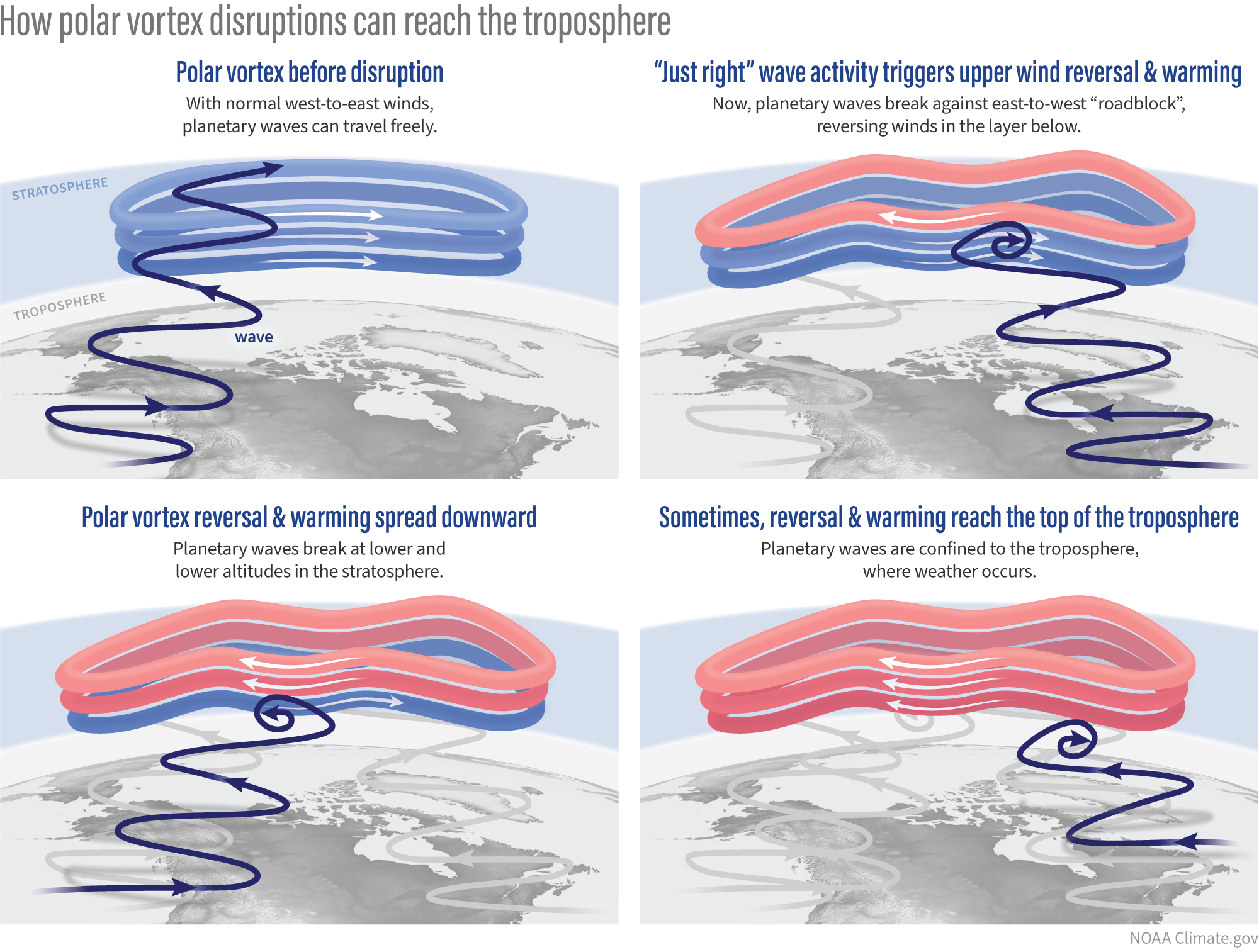 Diagram showing how polar vortex disruptions affect Rossby wave propagation and downstream weather patterns
