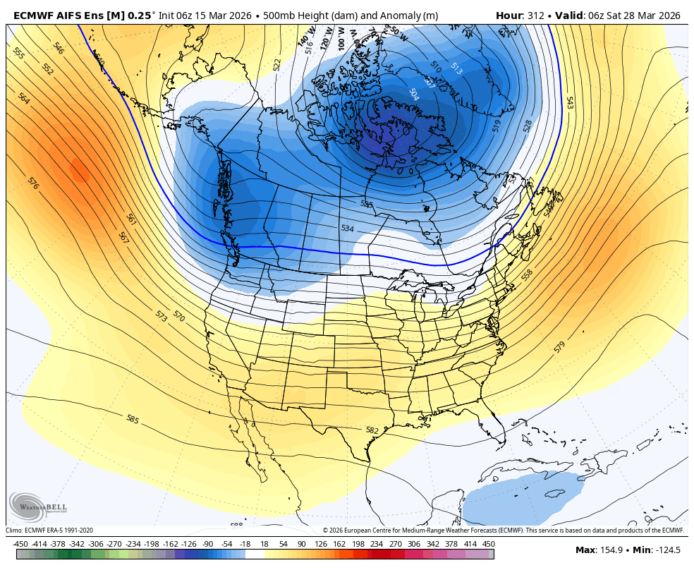 Ensemble 500mb height anomaly map showing a possible negative PNA pattern developing late March