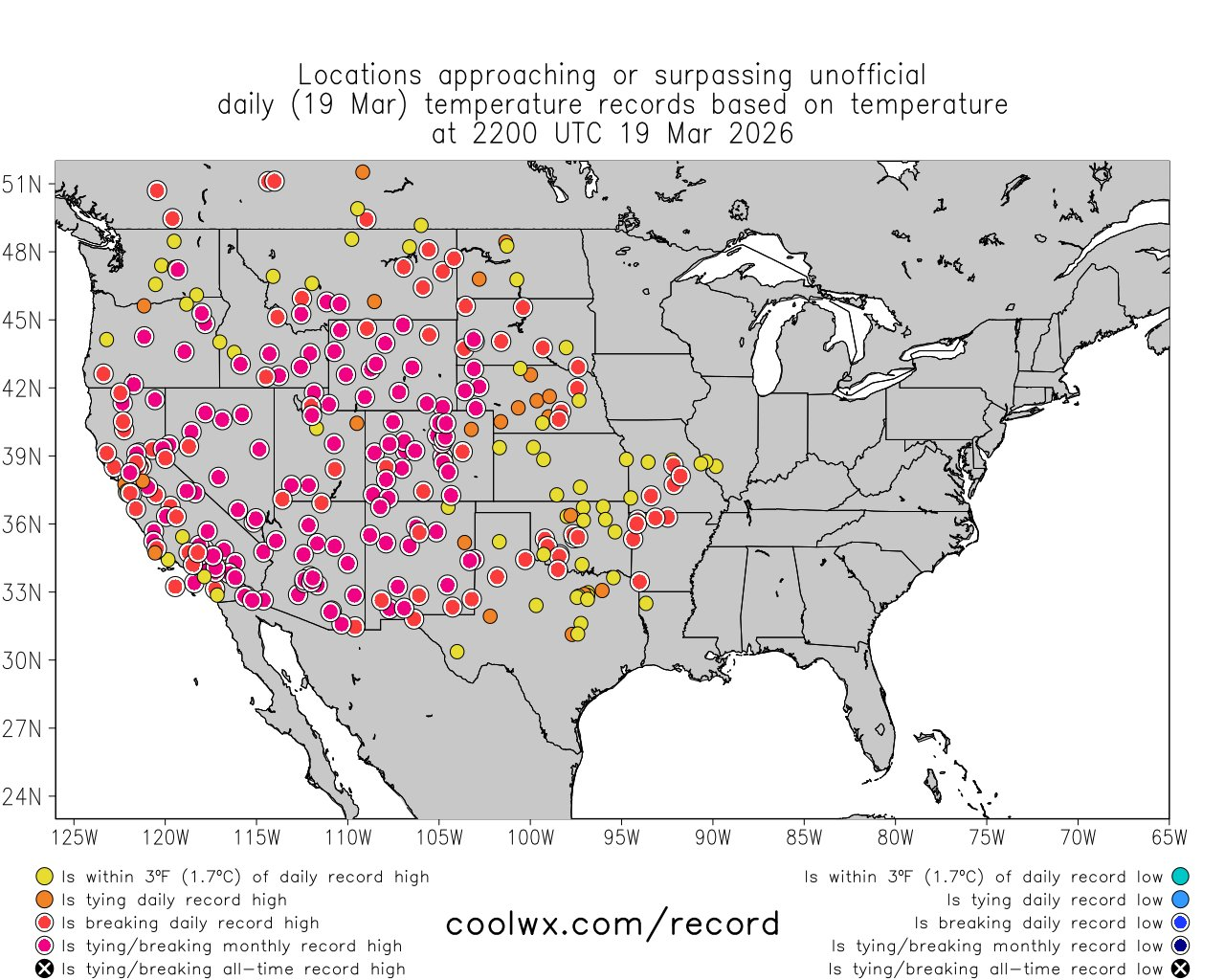 Map showing the extensive list of all-time March temperature records broken across the country