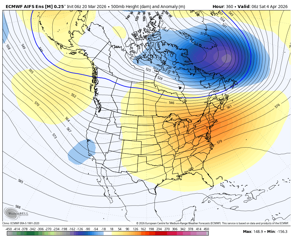 15-day ensemble forecast showing a signal for East Coast ridging and a possible end to the polar vortex regime