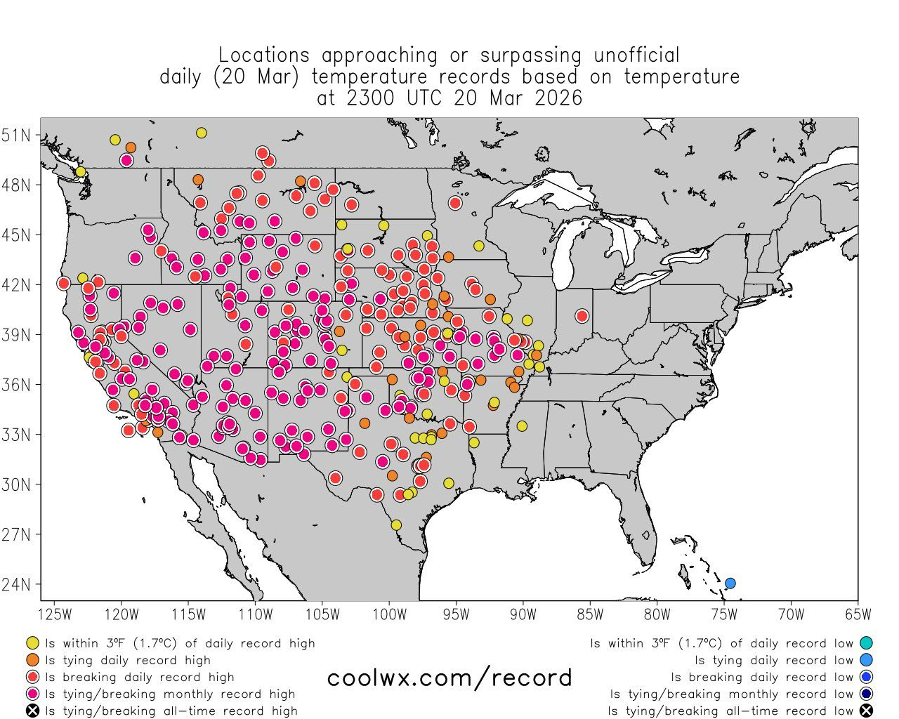 Map showing stations across the West shattering all-time March high temperature records