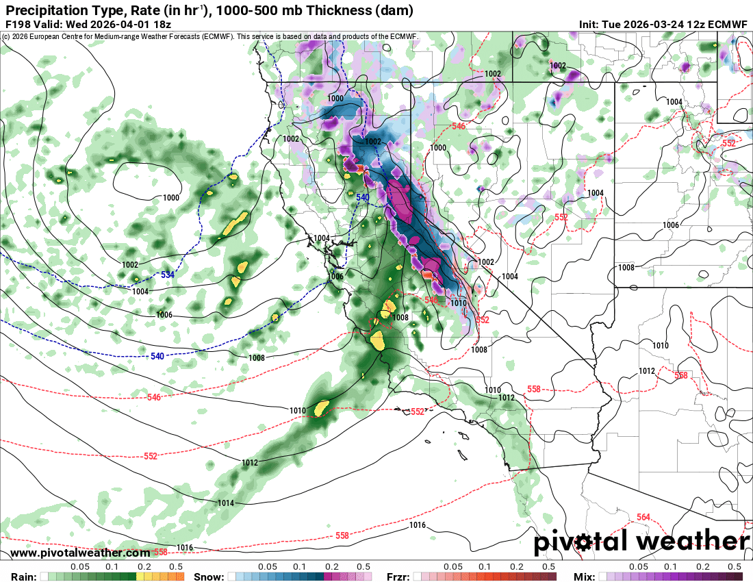 Euro operational model showing a hefty storm system approaching California in early April