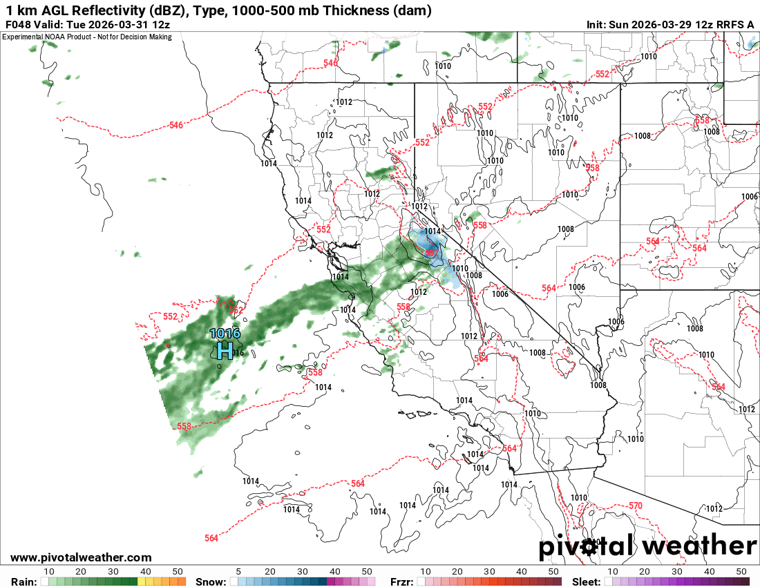 RRFS A showing a plume of moisture and snowfall over the Sierra
