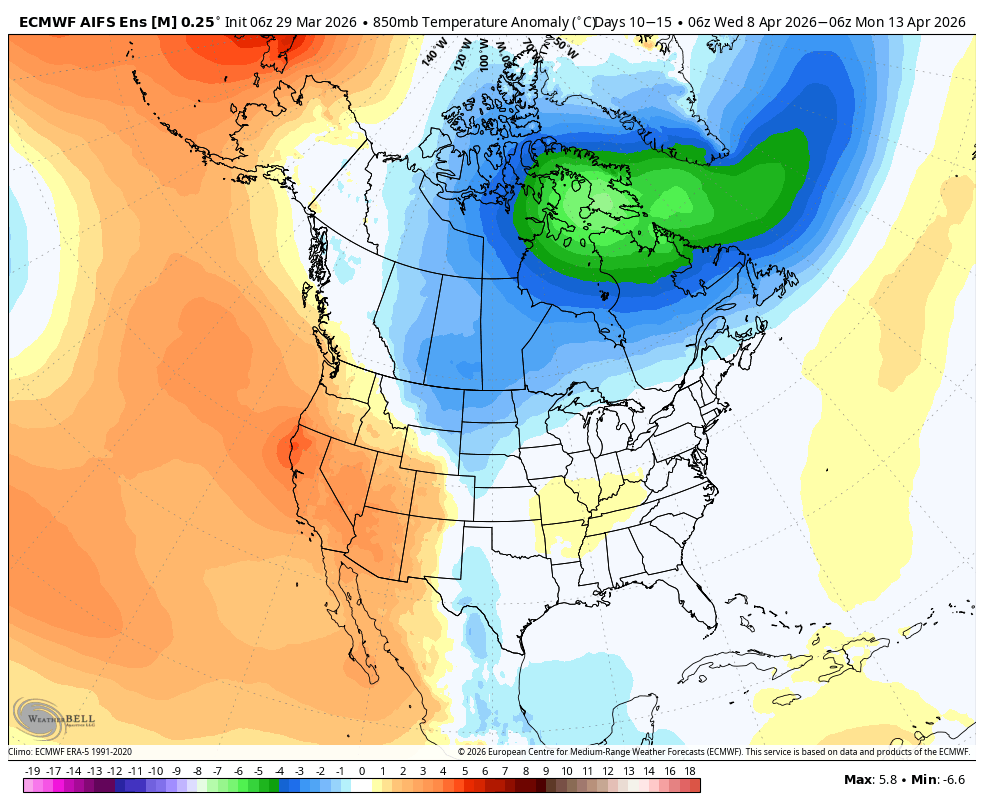 850mb temp anomaly showing above average temps over CA for days 11-15