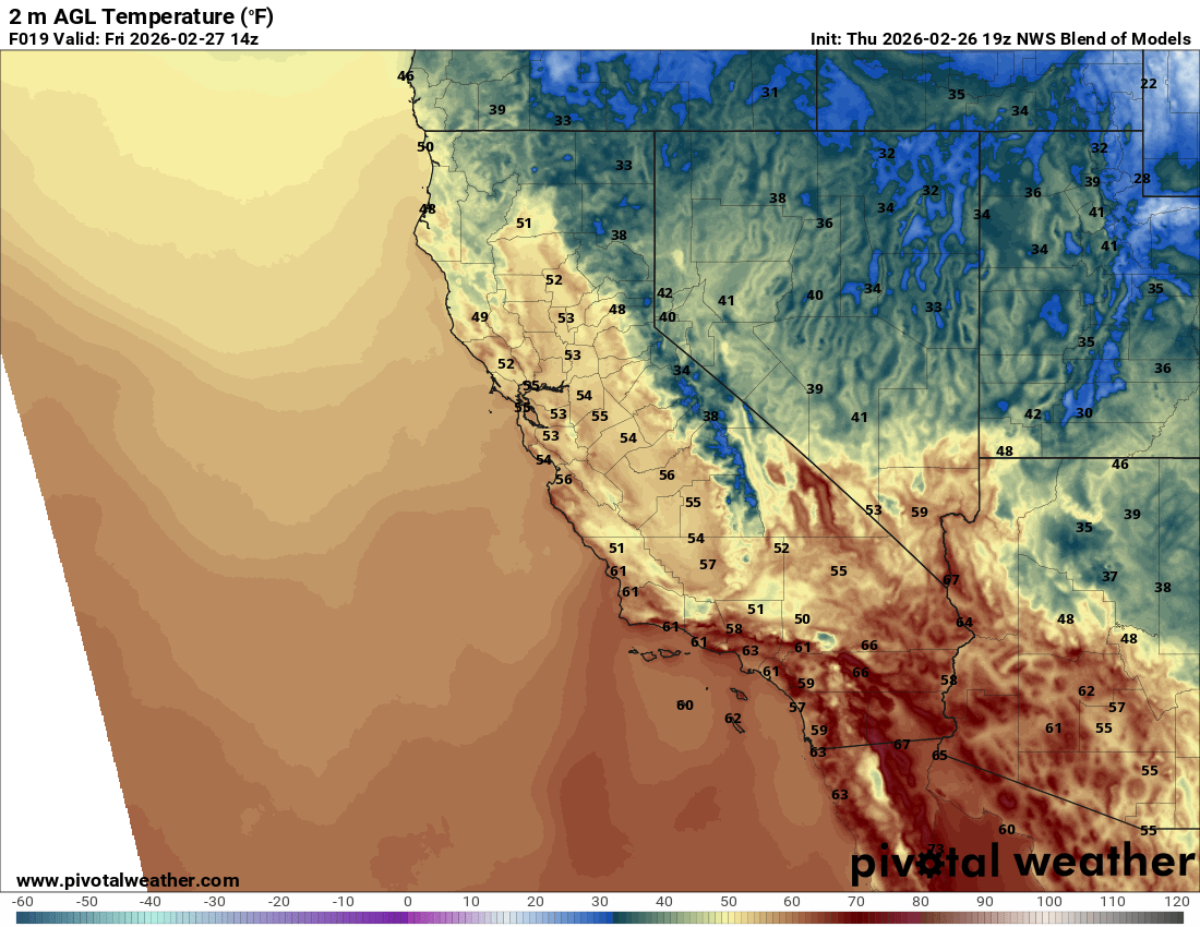 a temperature map of California, valid on 02/27/2026 14z