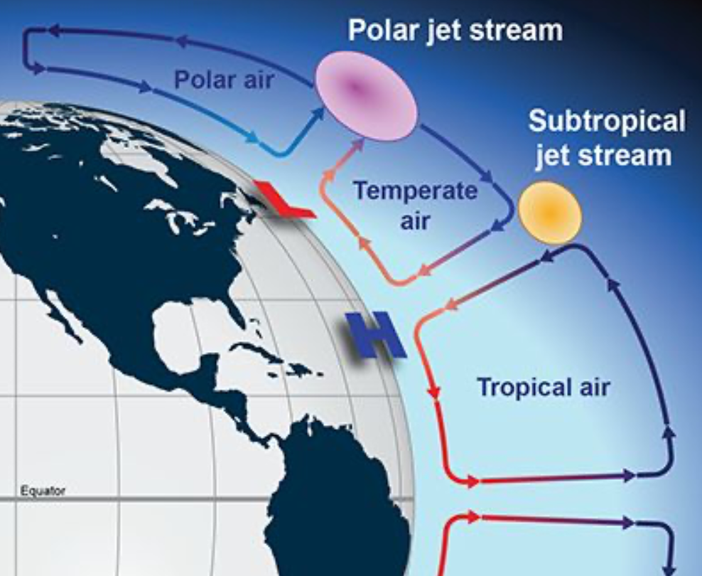 Diagram showing the Polar Jet Stream and Subtropical Jet Stream circling the globe