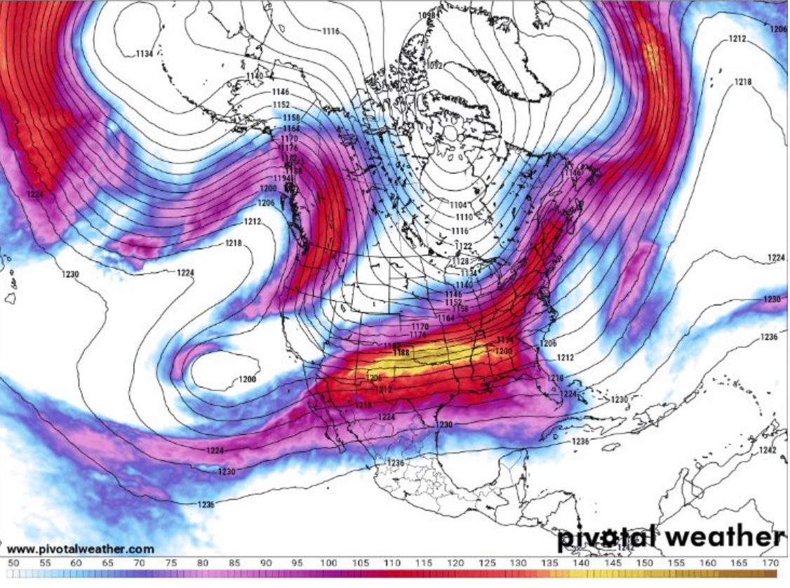 300mb jet stream analysis from Pivotal Weather showing wind speeds across North America