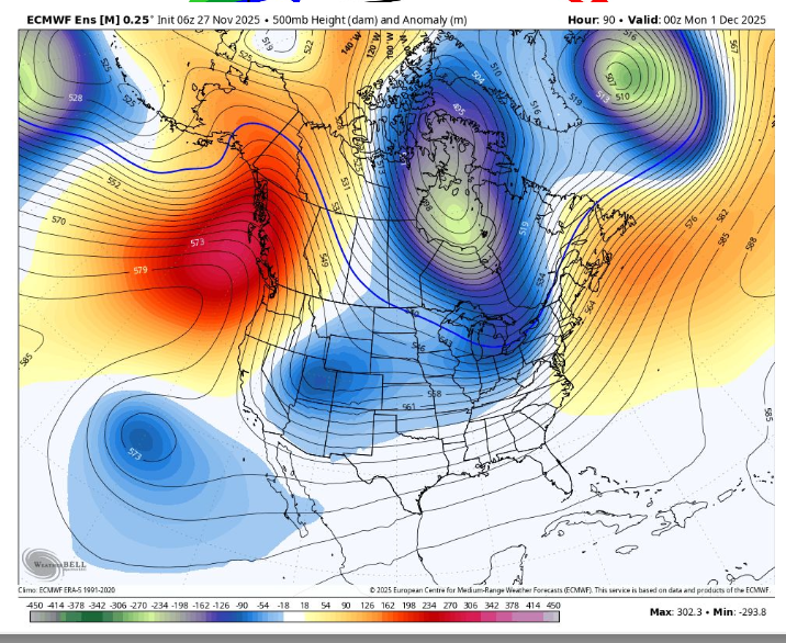 500mb model chart showing a deep trough over western North America
