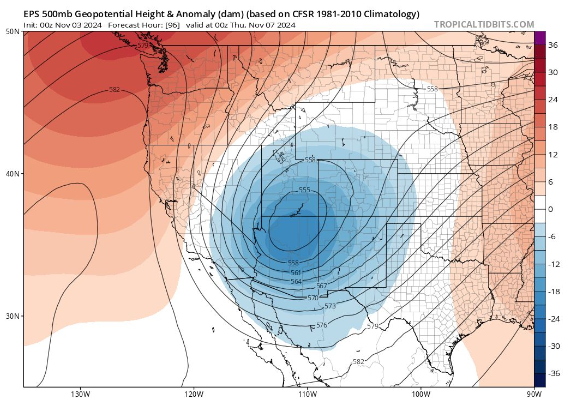 EPS 500mb height anomaly chart showing a deep trough (blue) over the western US