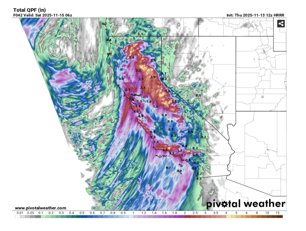 HRRR hi-res QPF model output showing detailed precipitation forecast over the Sierra Nevada