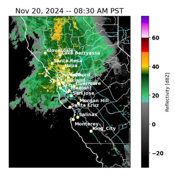 NWS radar image showing precipitation over the San Francisco Bay Area with reflectivity color scale